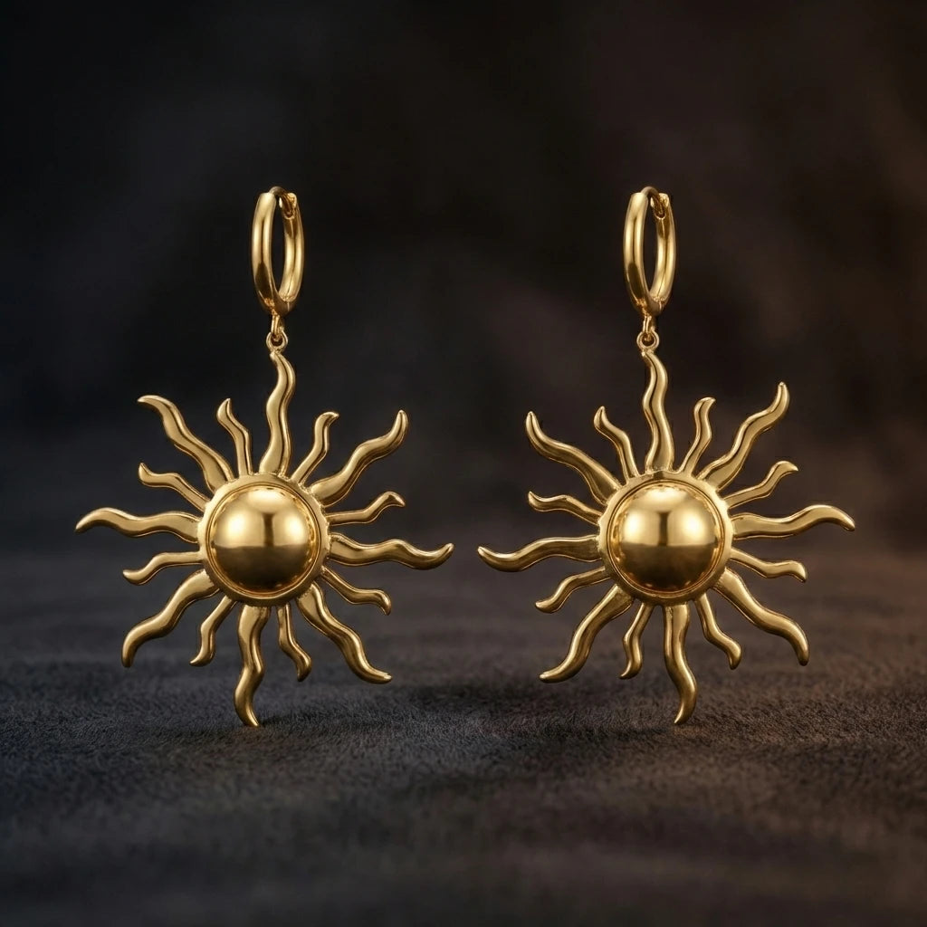 Golden Sunburst Drop Hoop Earrings