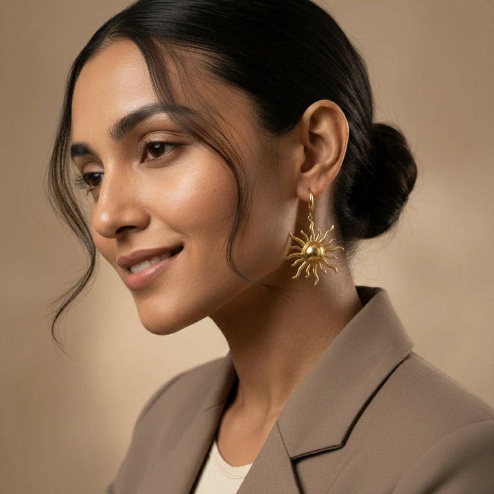 Golden Sunburst Drop Hoop Earrings