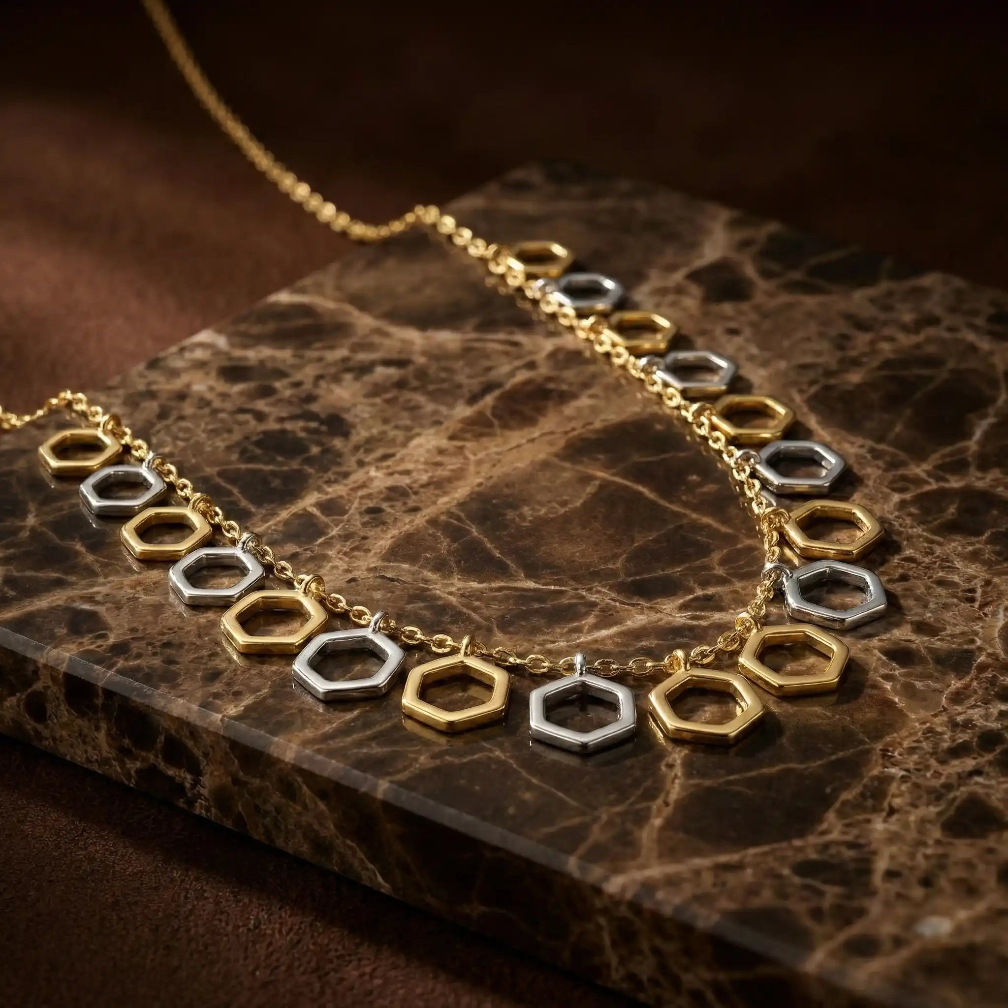 Dual Tone Hexagon Charm Necklace