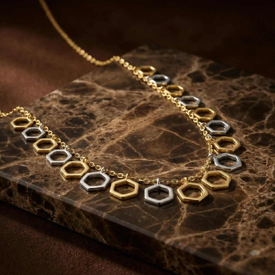 Dual Tone Hexagon Charm Necklace