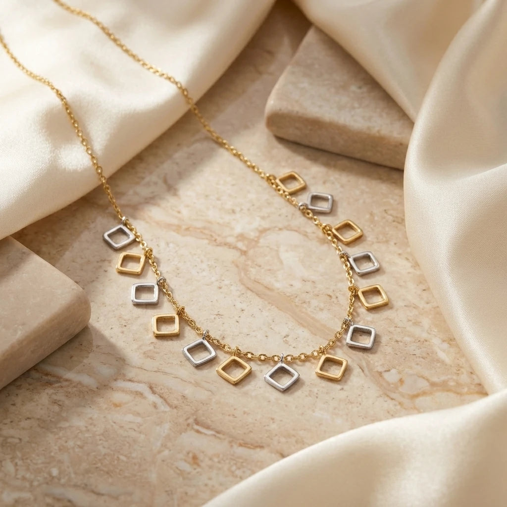 Dual Tone Diamond Square Charm Necklace