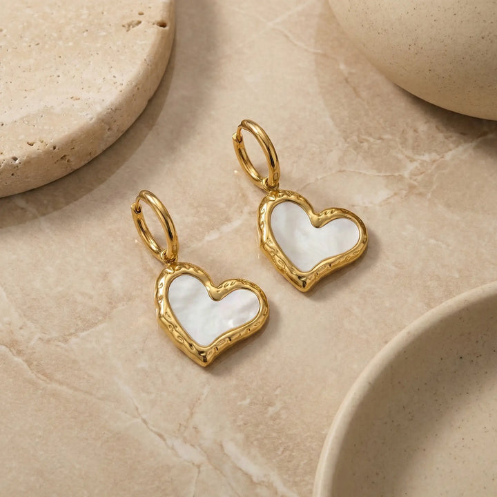 Golden Mother-of-Pearl Heart Drop Earrings