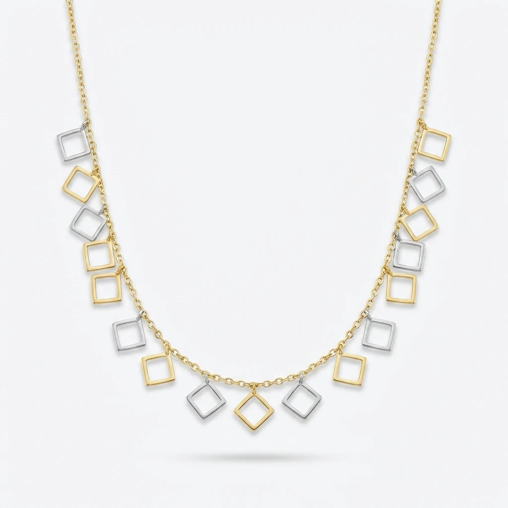 Dual Tone Diamond Square Charm Necklace