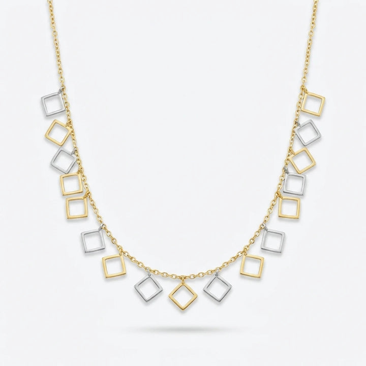 Dual Tone Diamond Square Charm Necklace