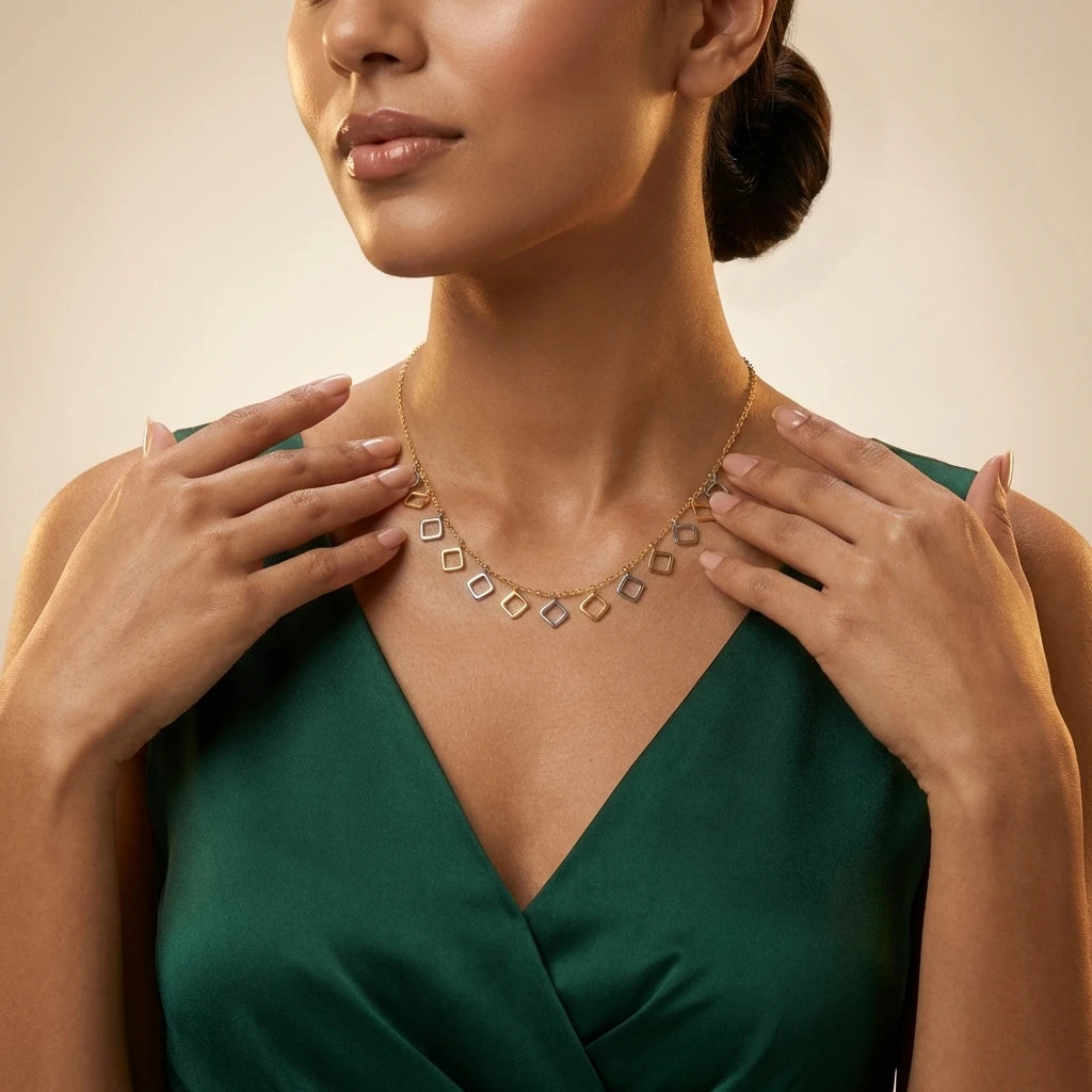 Dual Tone Diamond Square Charm Necklace