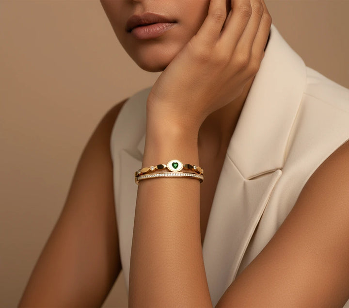 Emerald Heart Crystal Gold Bangle Bracelet