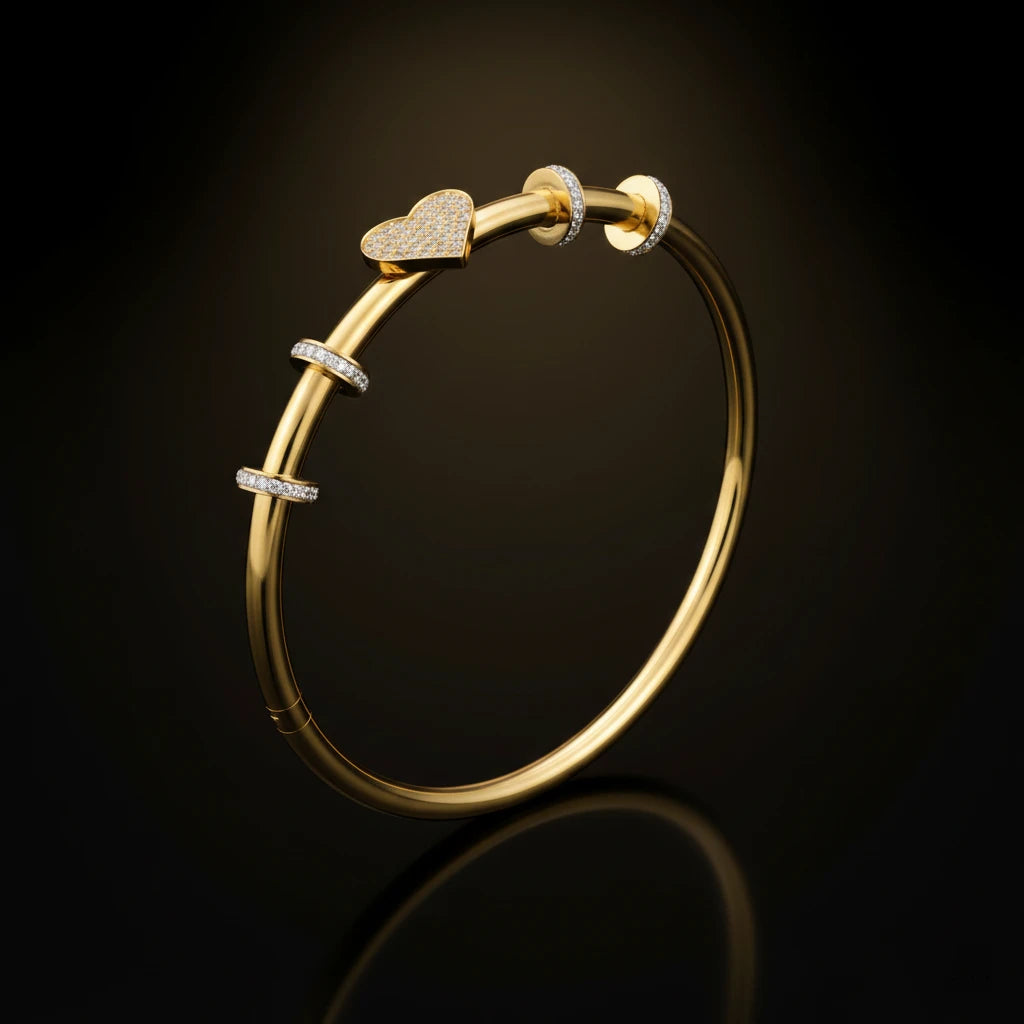 The Crystal Heart Lock Gold Bangle Bracelet