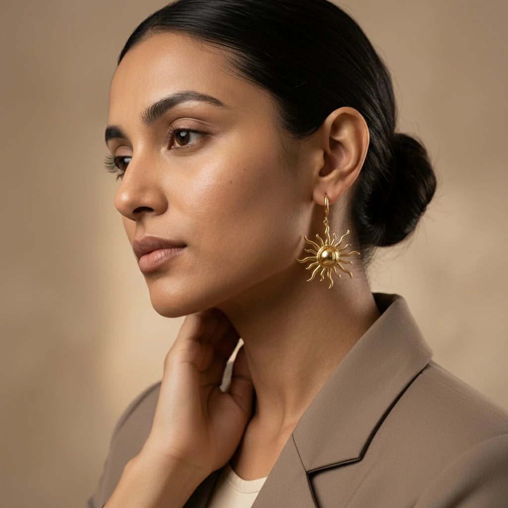 Golden Sunburst Drop Hoop Earrings