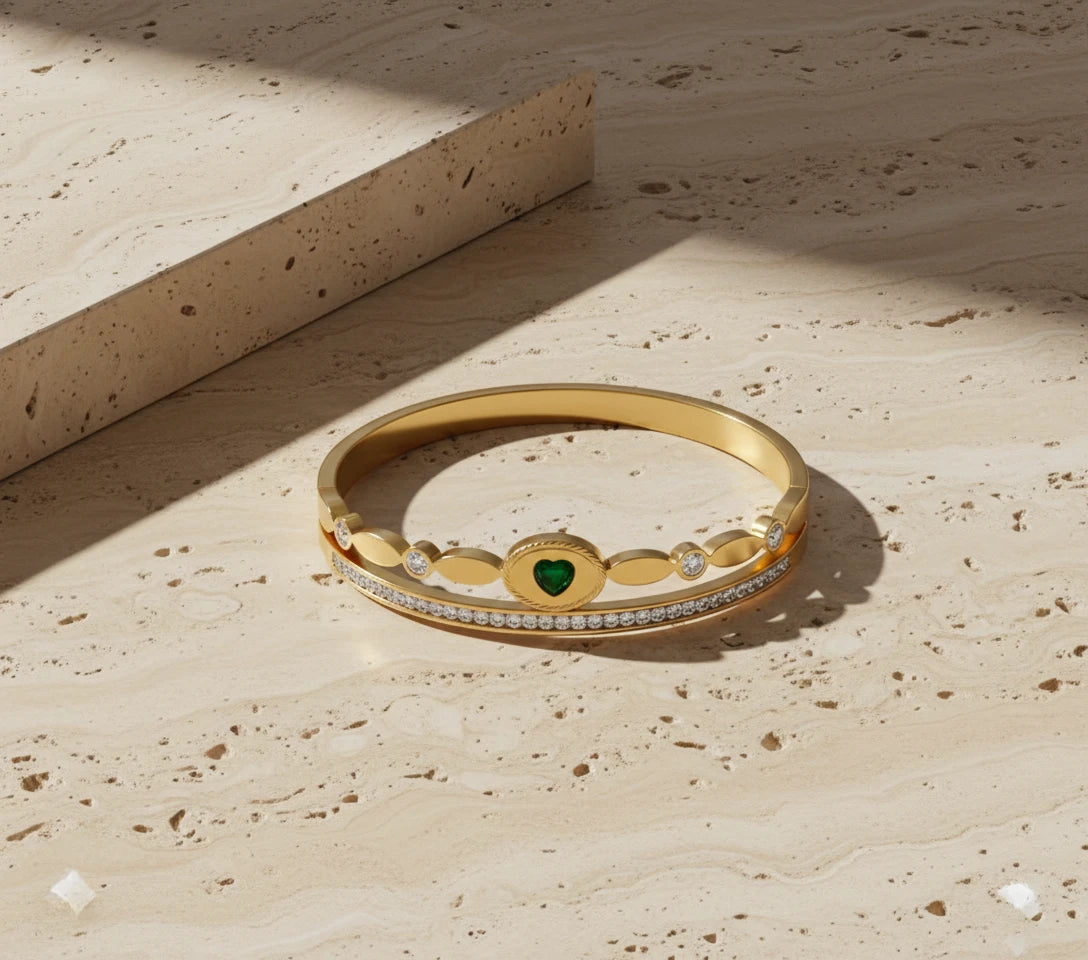 Emerald Heart Crystal Gold Bangle Bracelet