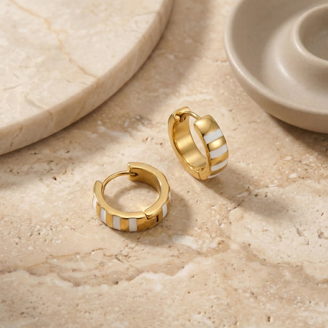 Gold & White Striped Hoop Earrings