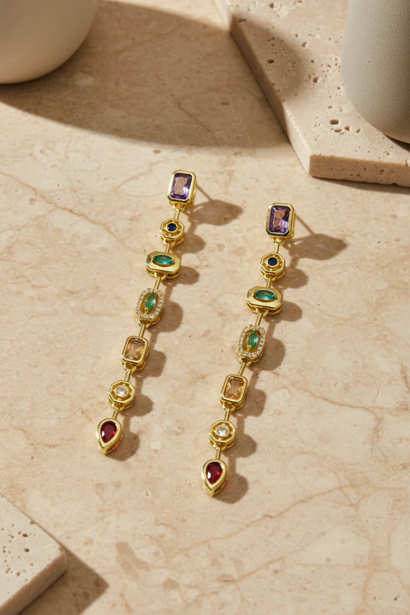 Golden Multicolor Gemstone Linear Drop Earrings
