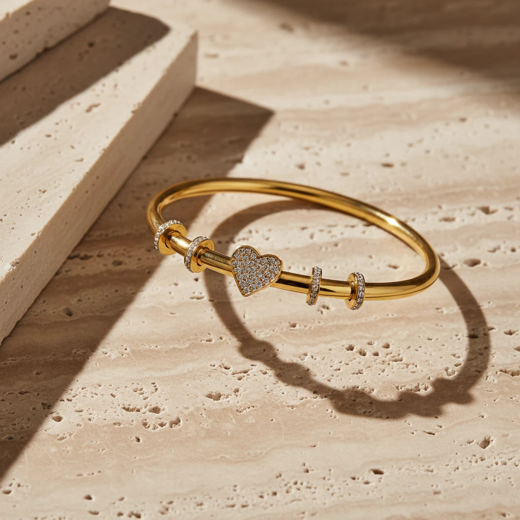 The Crystal Heart Lock Gold Bangle Bracelet