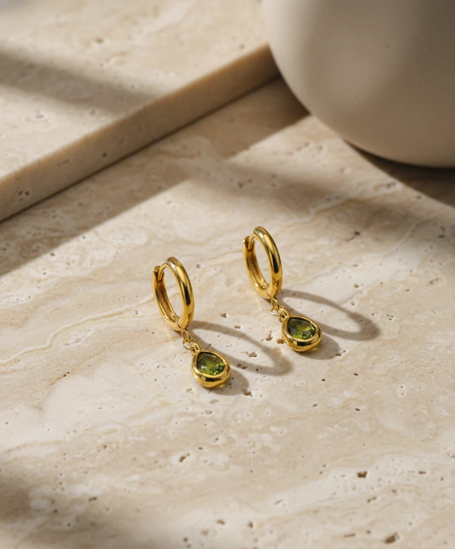 Emerald Drop Gold Hoop Earrings