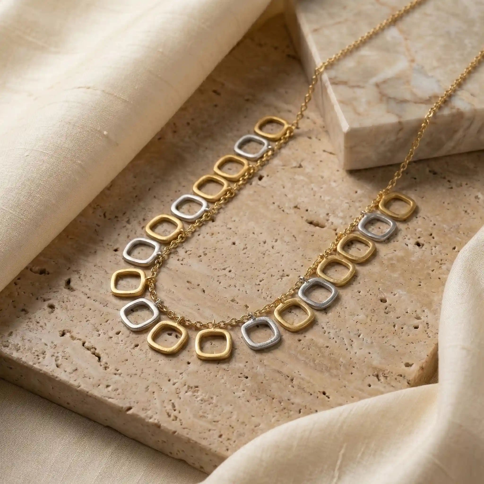 Dual Tone Rounded Square Necklace