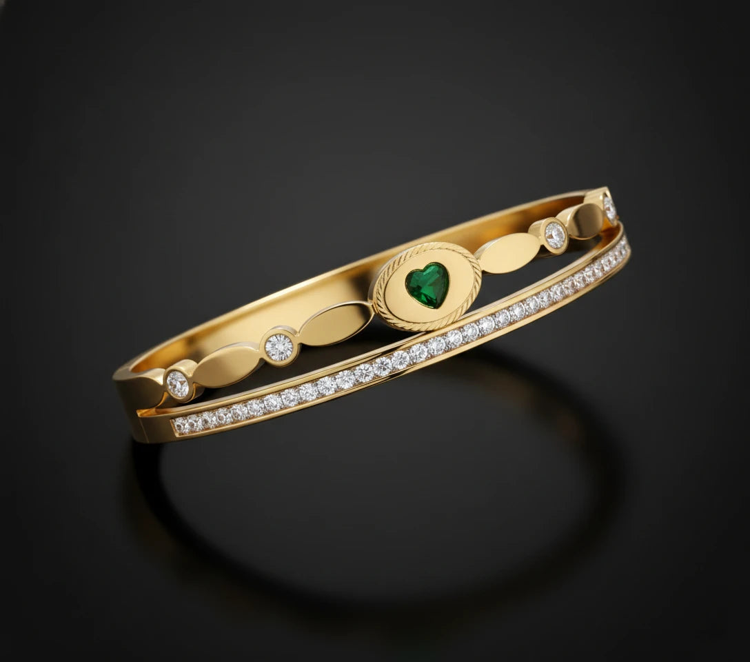 Emerald Heart Crystal Gold Bangle Bracelet