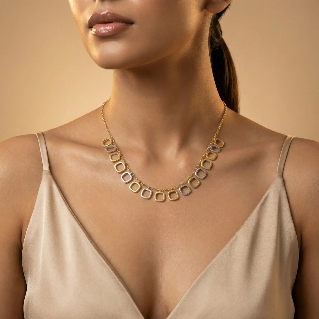 Dual Tone Rounded Square Necklace