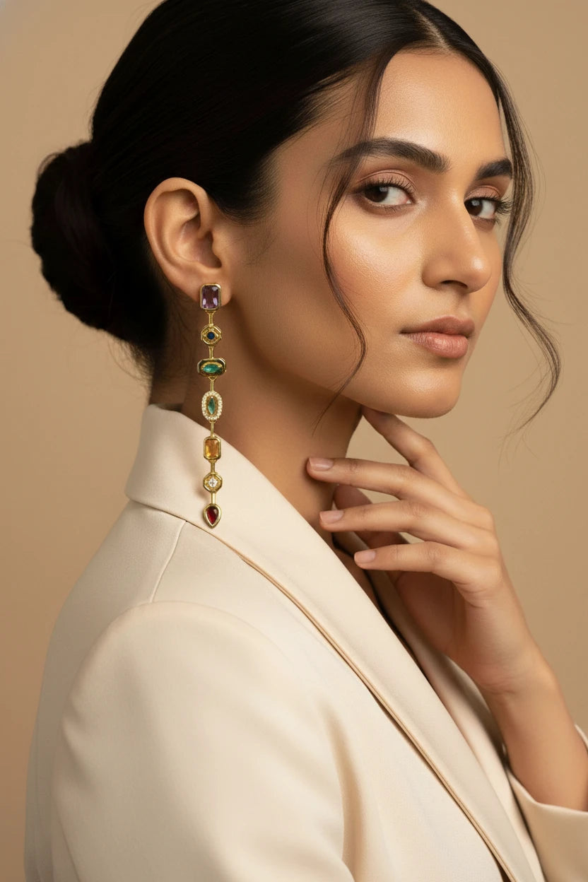 Golden Multicolor Gemstone Linear Drop Earrings