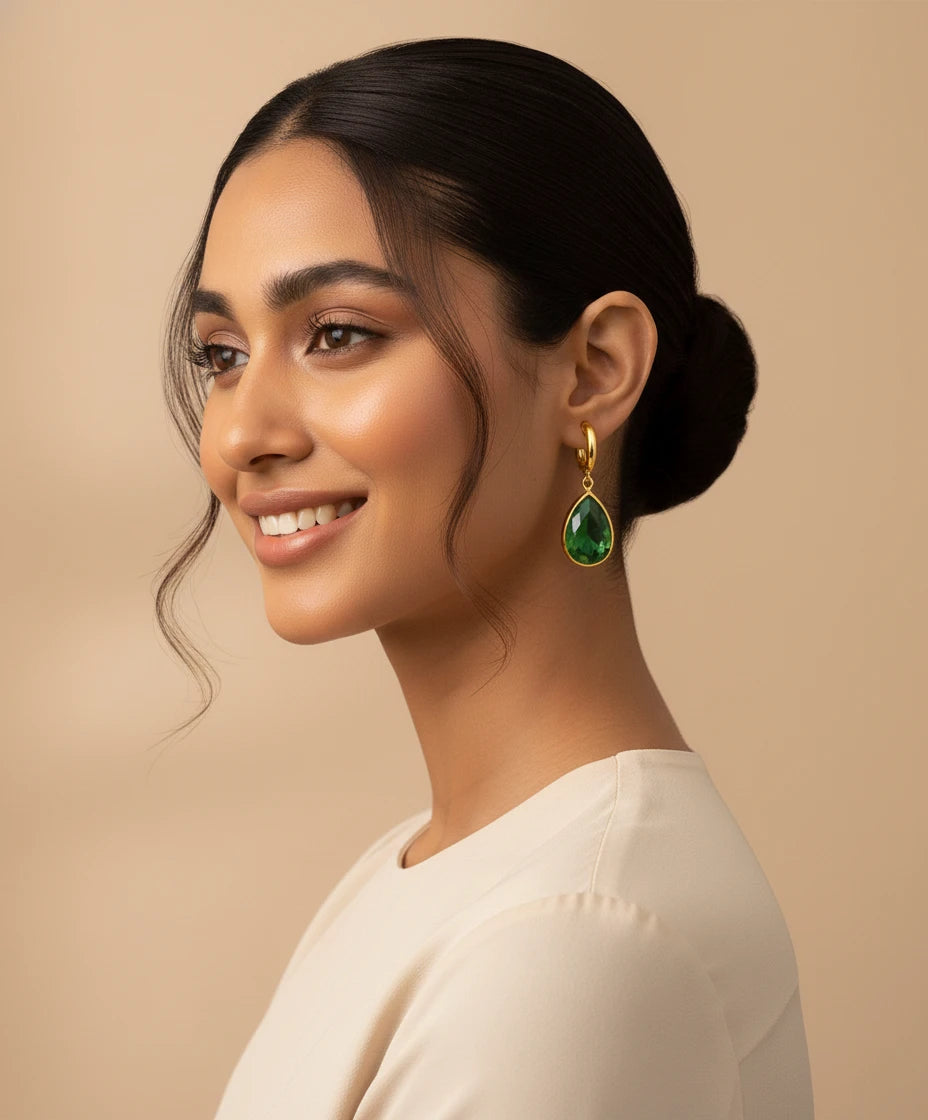 Emerald Drop Gold Hoop Earrings