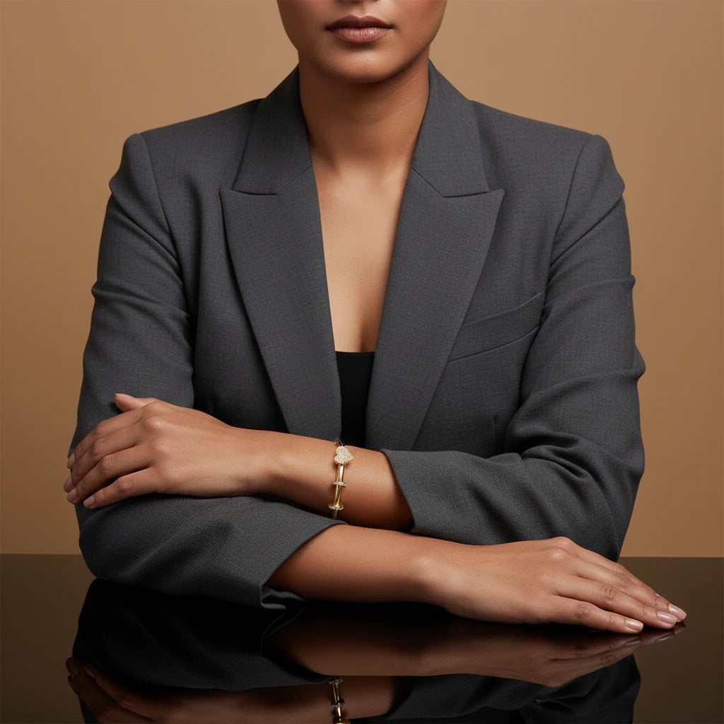 The Crystal Heart Lock Gold Bangle Bracelet