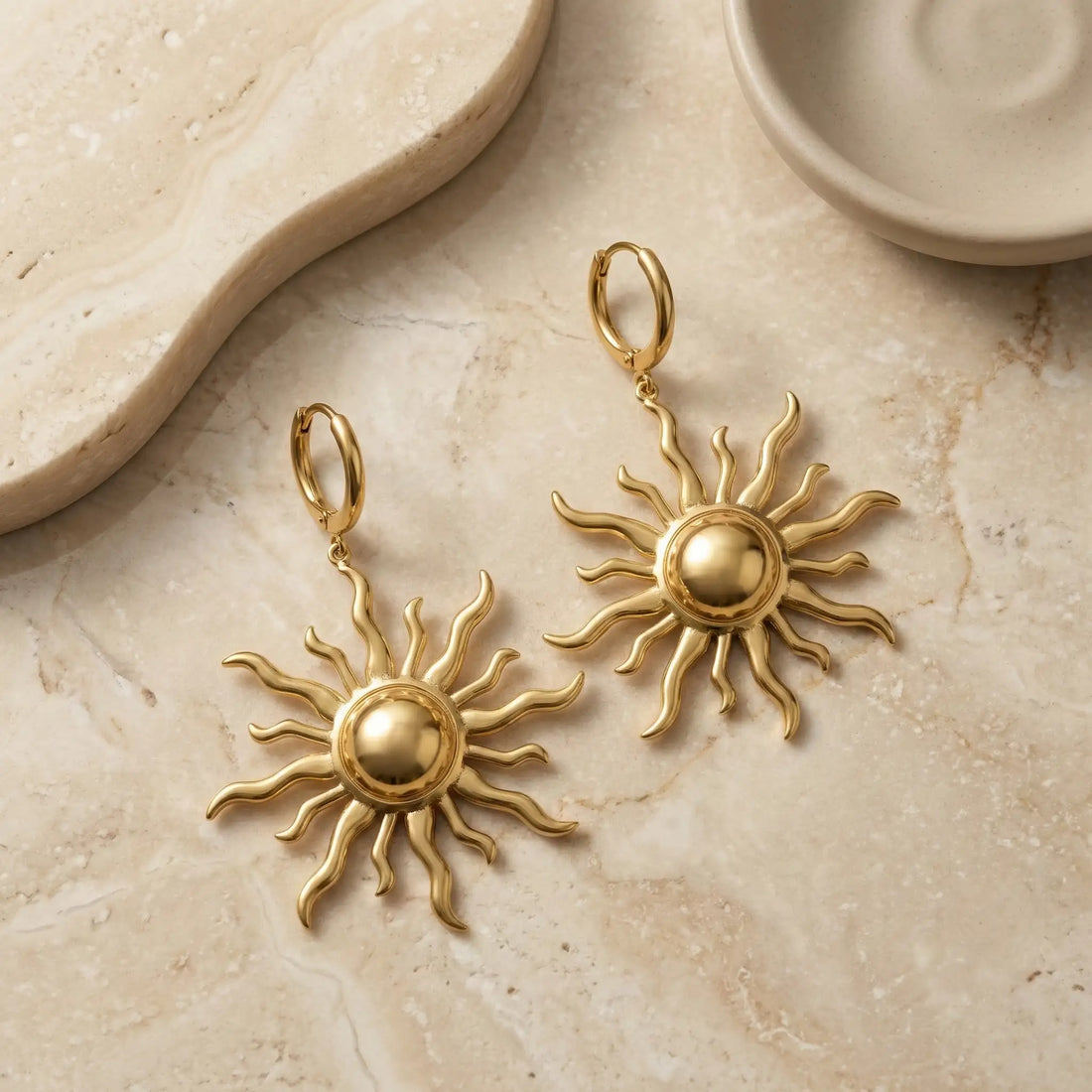 Golden Sunburst Drop Hoop Earrings