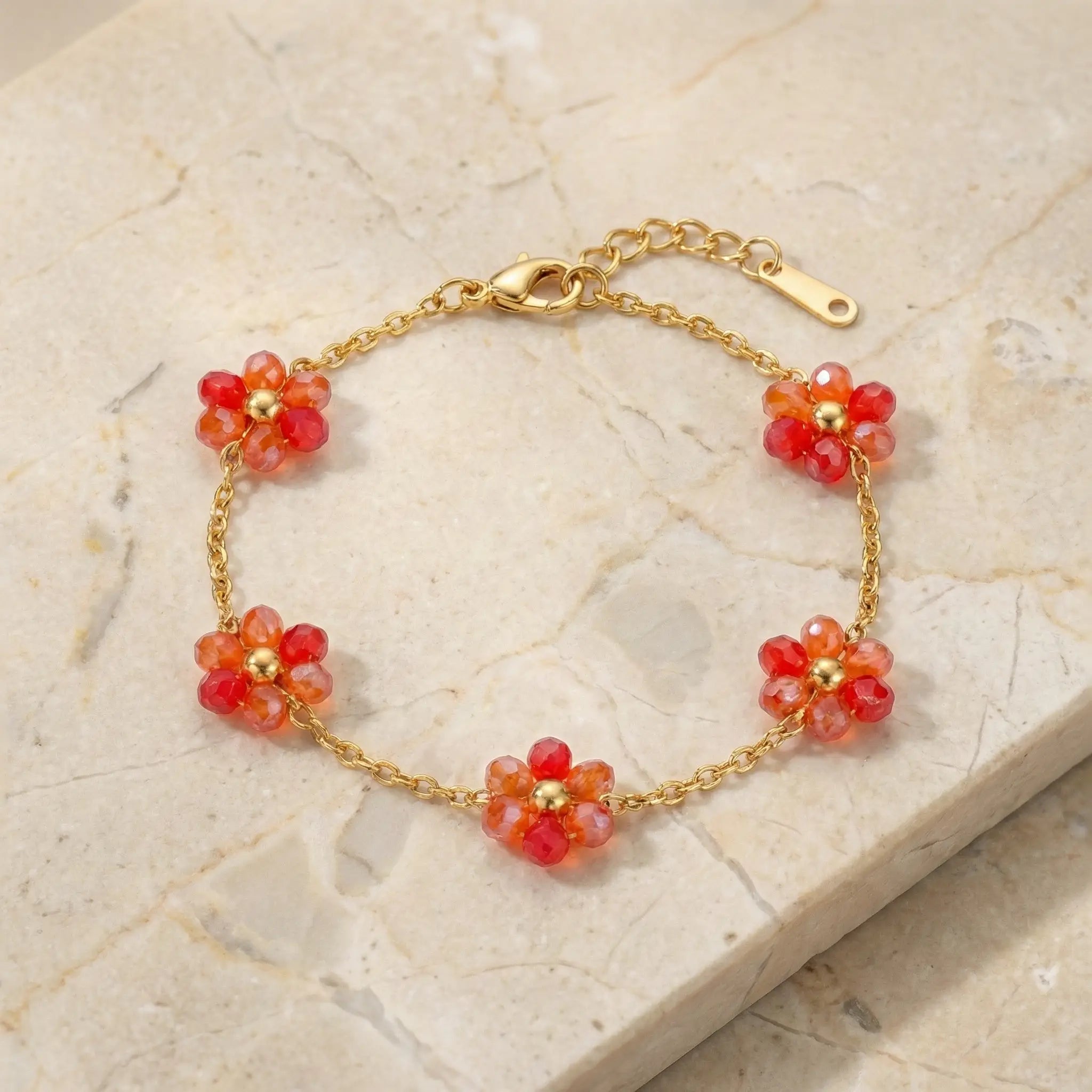 Ruby Bloom Beaded Flower Chain Bracelet