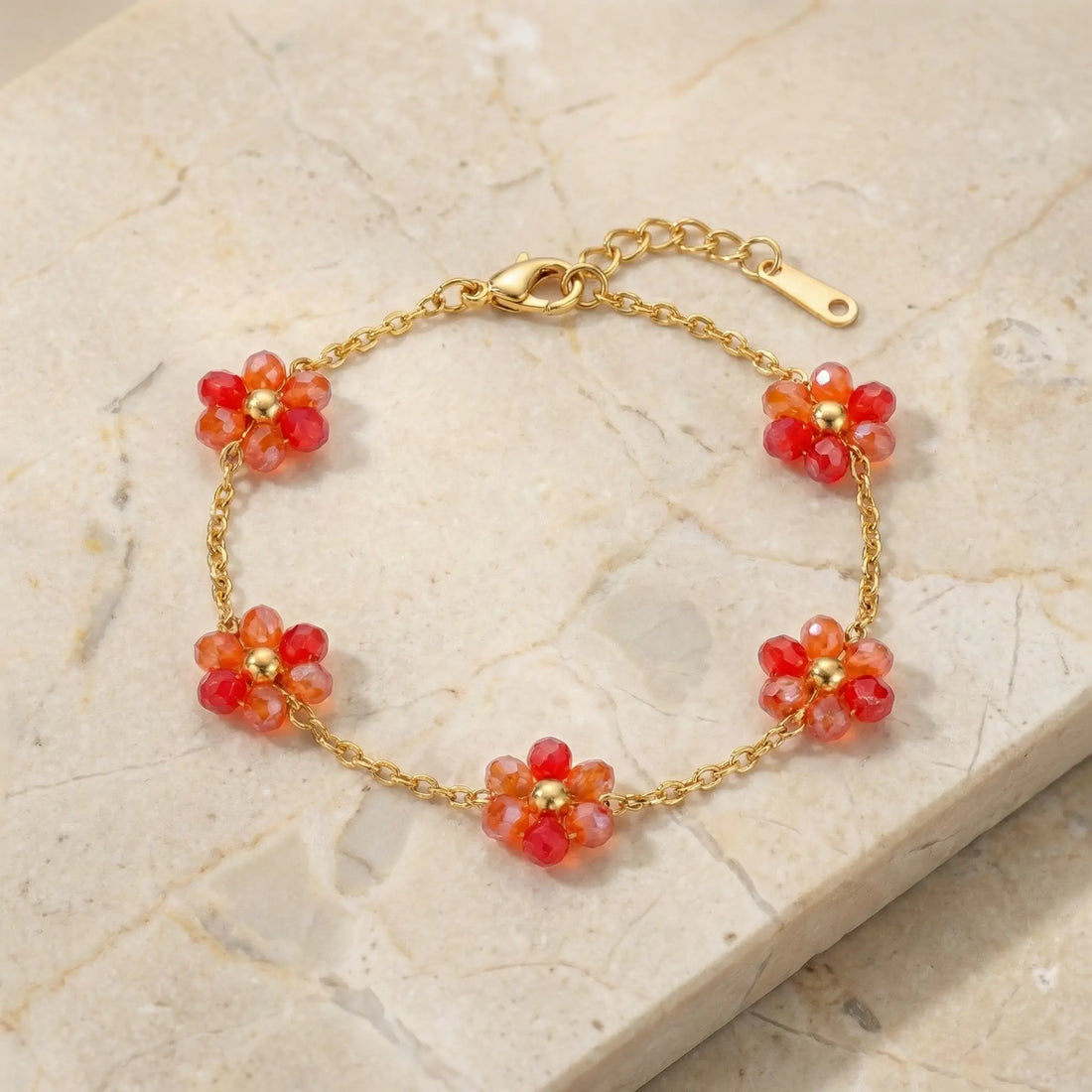 Ruby Bloom Beaded Flower Chain Bracelet