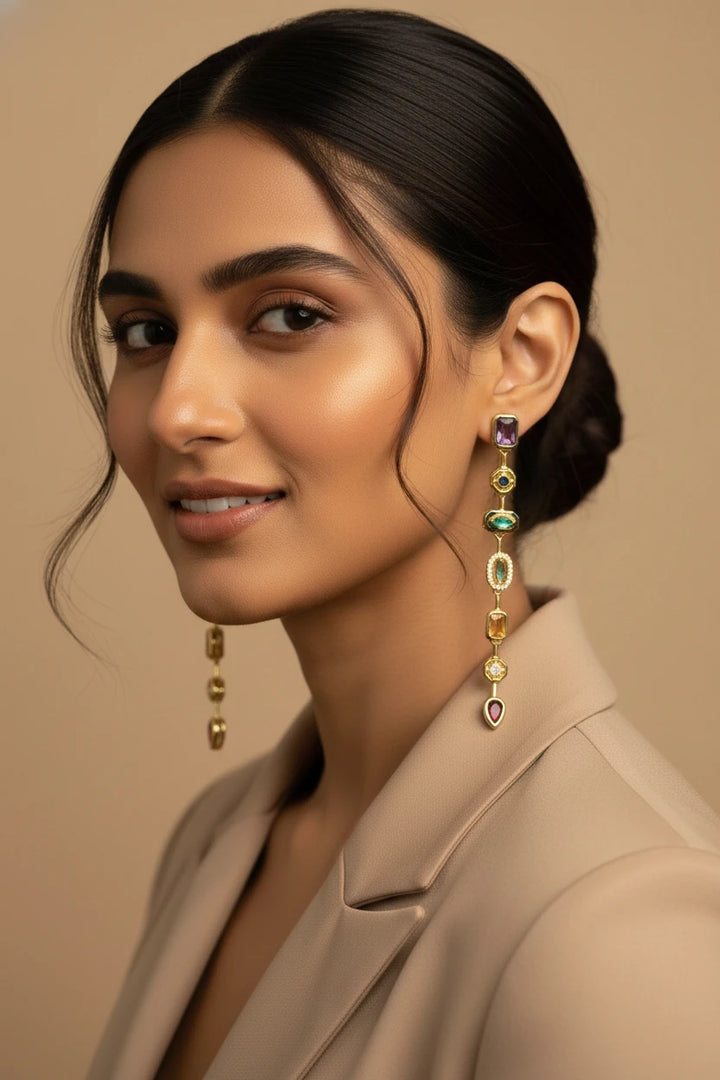 Golden Multicolor Gemstone Linear Drop Earrings