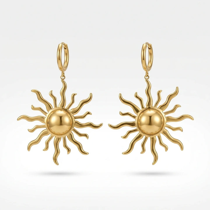 Golden Sunburst Drop Hoop Earrings