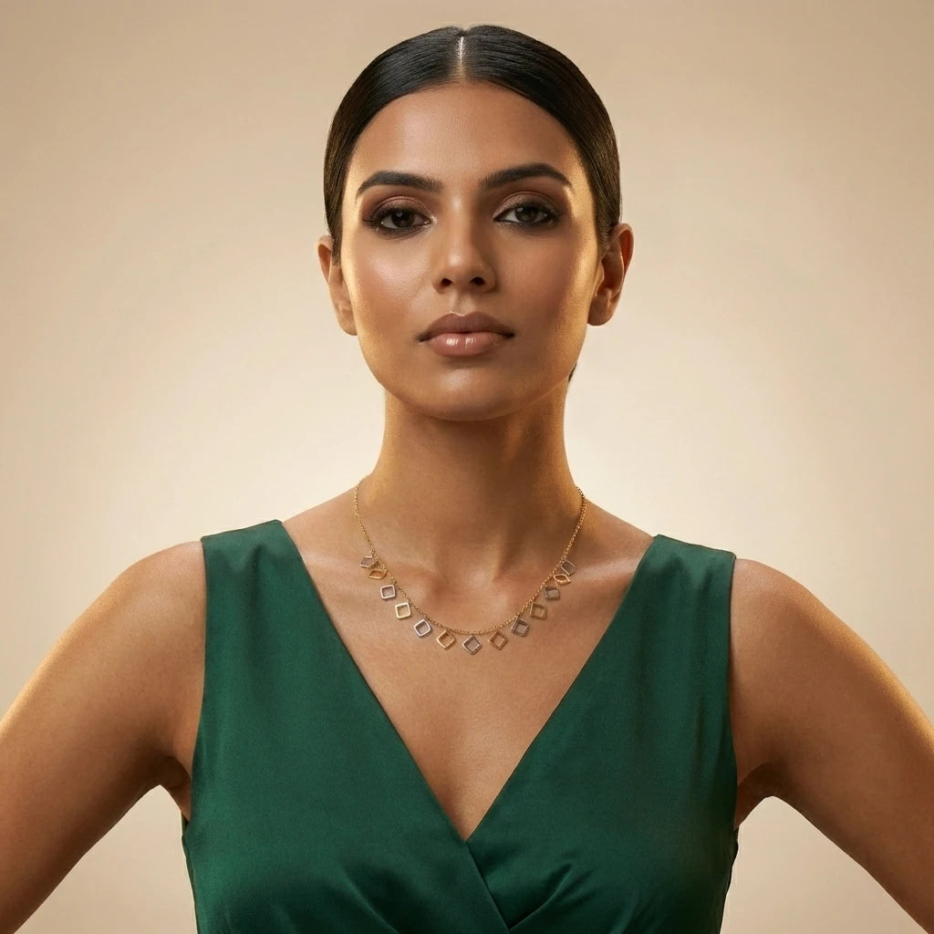 Dual Tone Diamond Square Charm Necklace