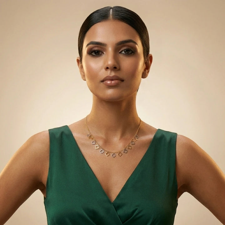 Dual Tone Diamond Square Charm Necklace