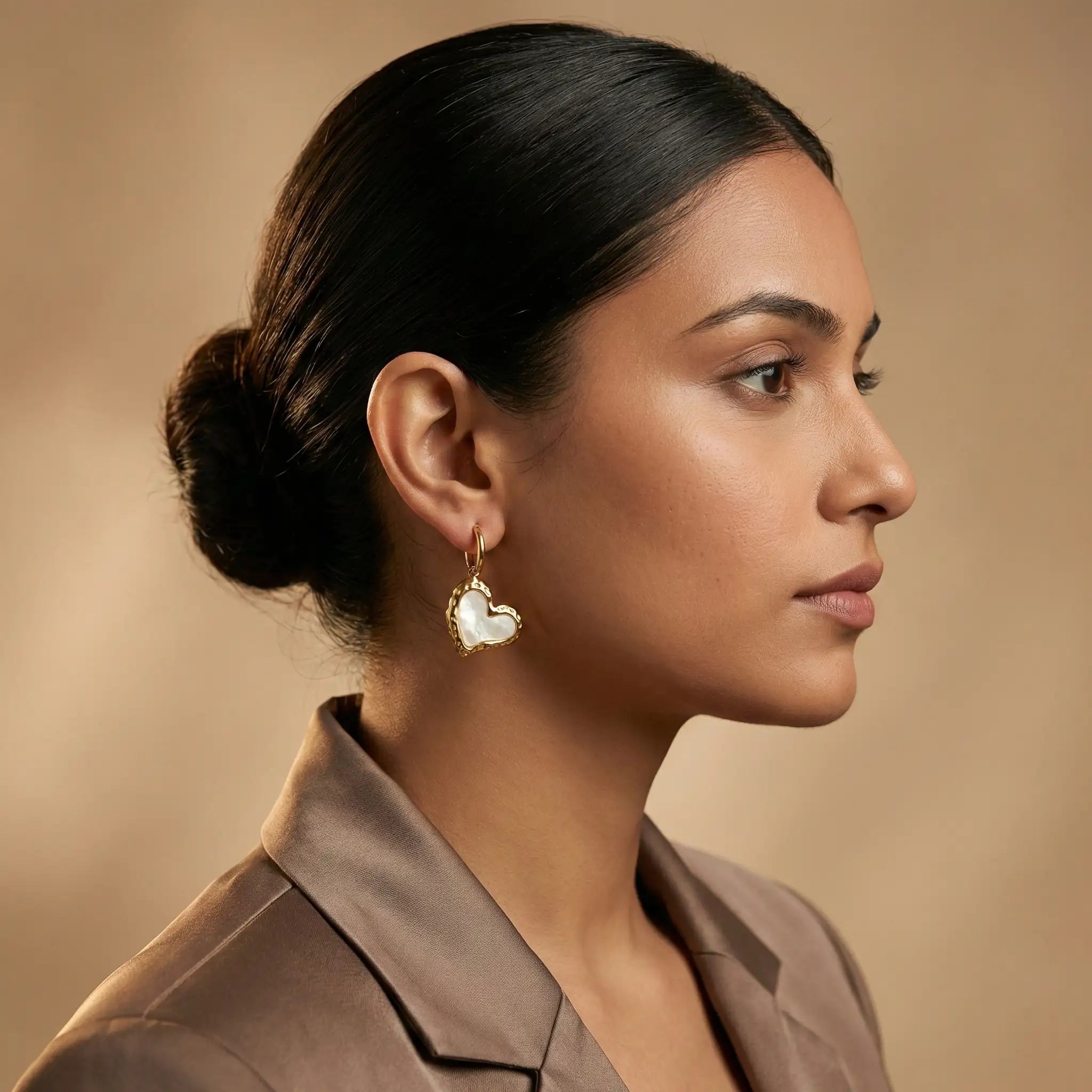 Golden Mother-of-Pearl Heart Drop Earrings