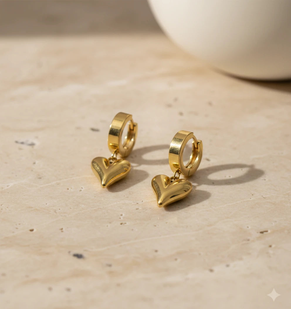 Golden Heart Drop Hoop Earrings
