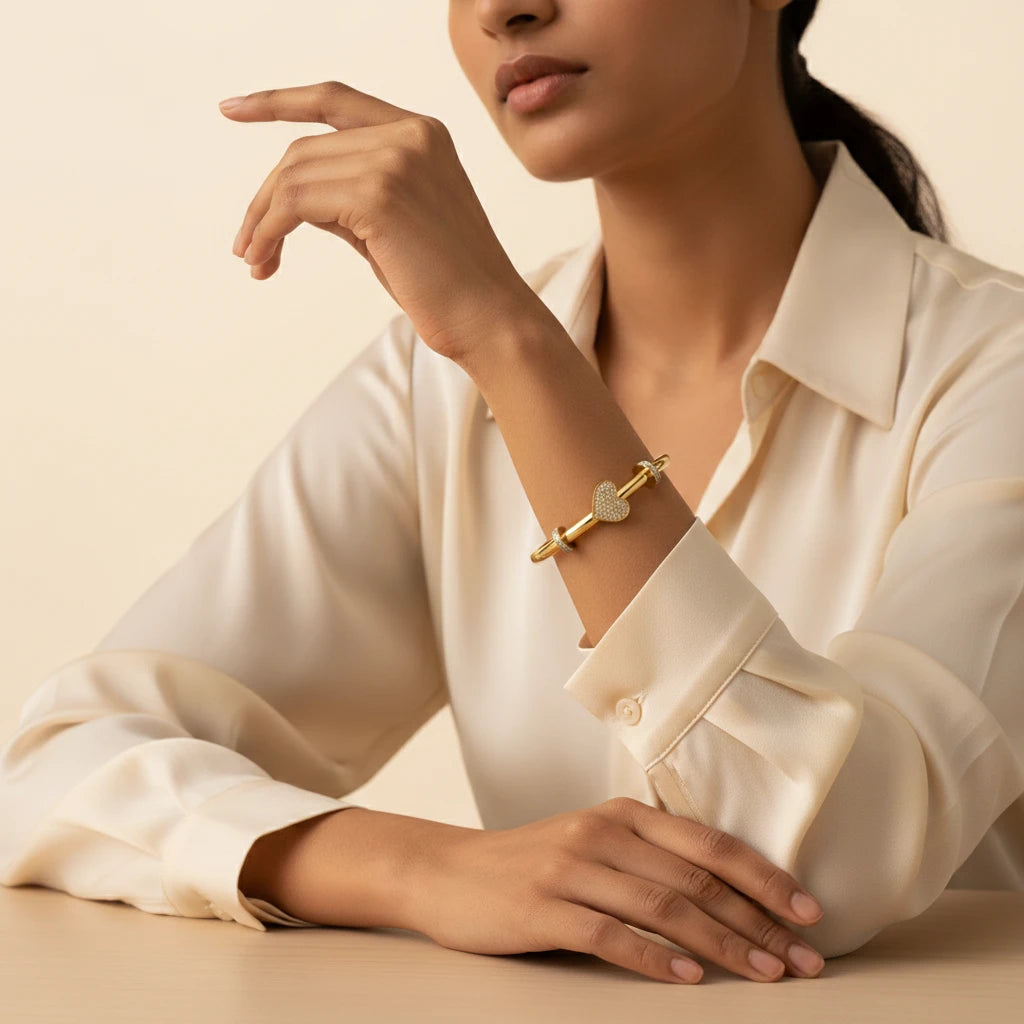 The Crystal Heart Lock Gold Bangle Bracelet