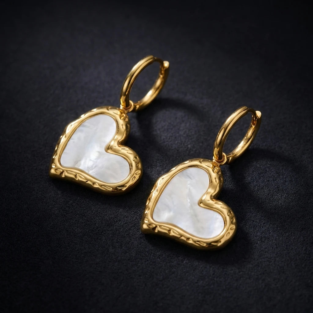 Golden Mother-of-Pearl Heart Drop Earrings