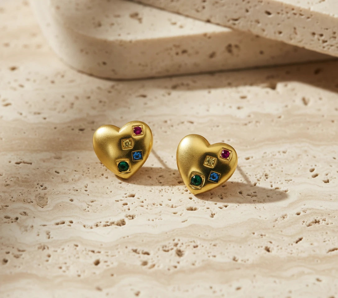 Golden Heart Multicolor Stud Earrings