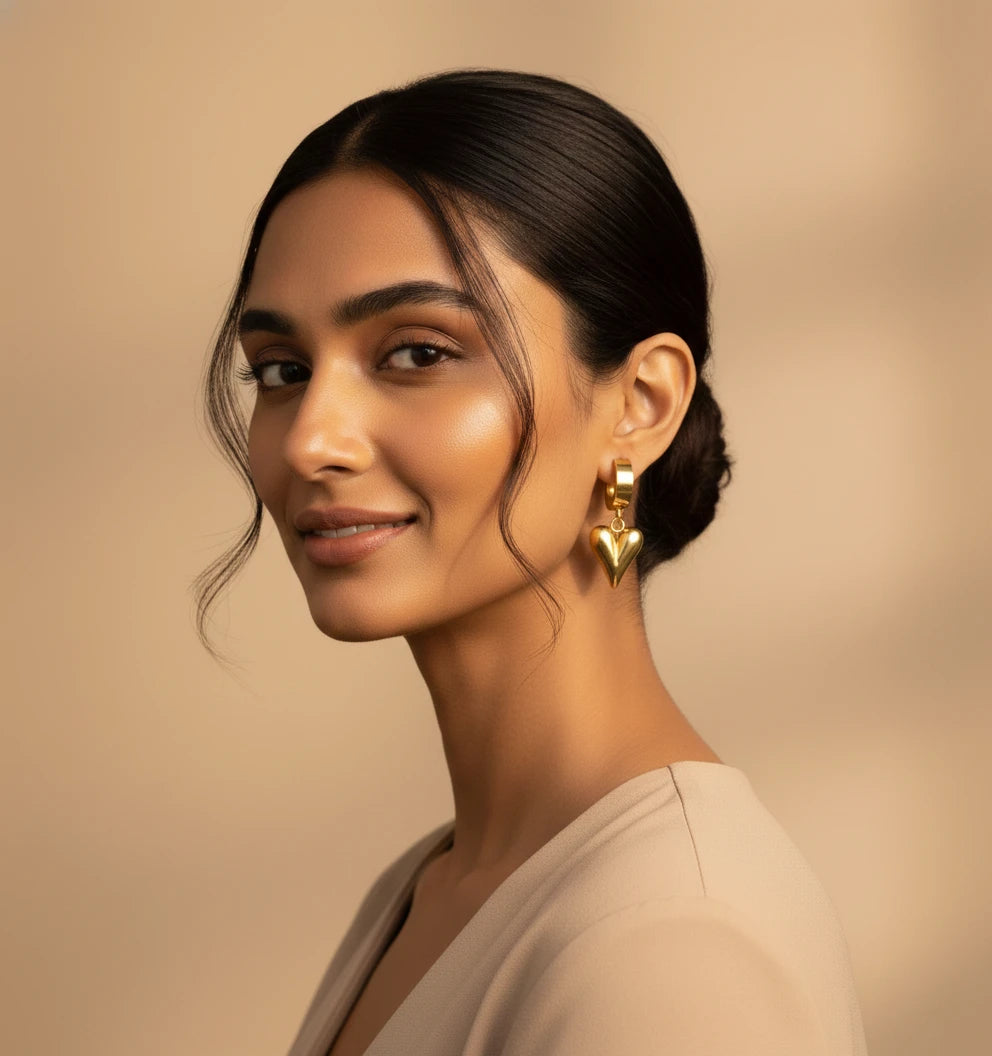 Golden Heart Drop Hoop Earrings