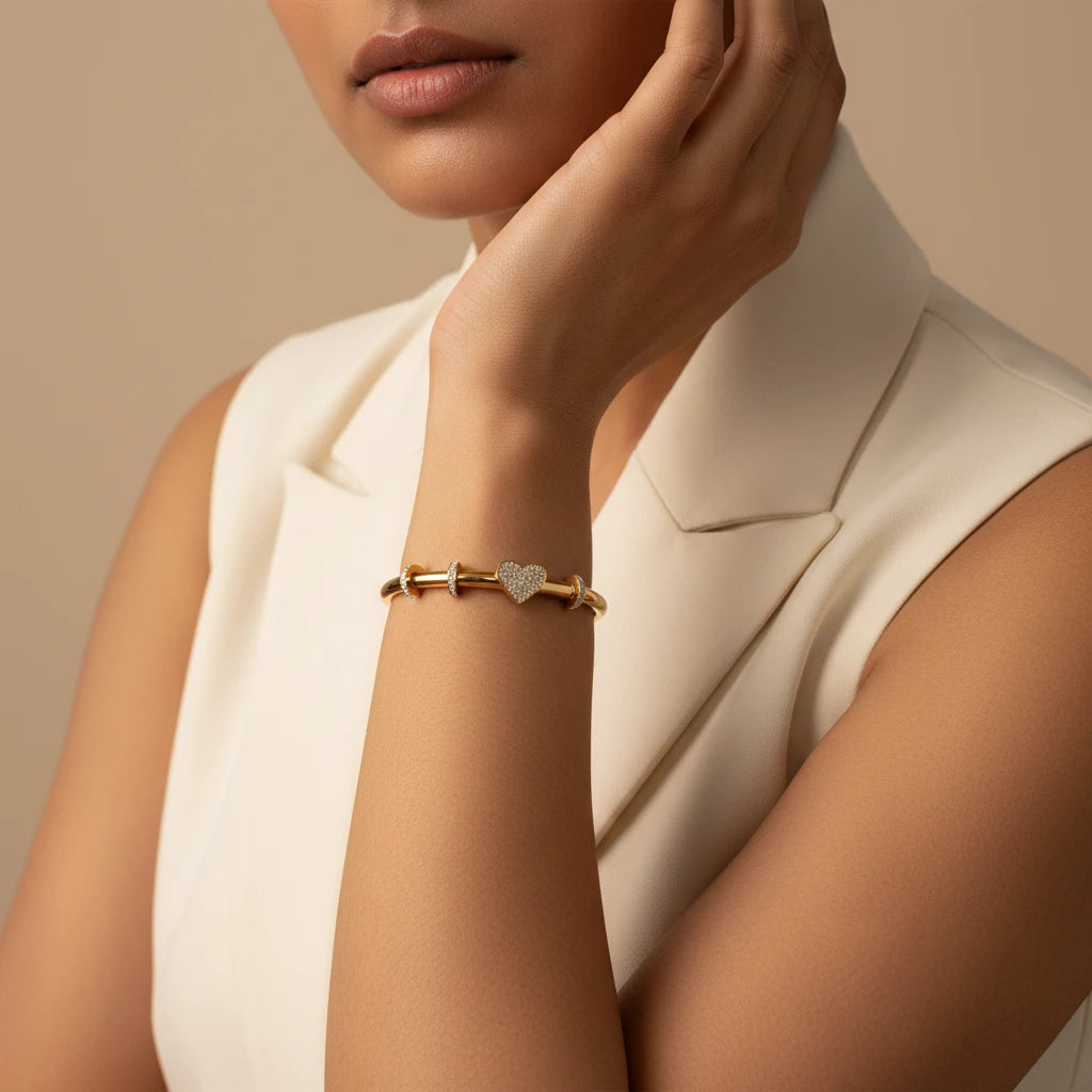 The Crystal Heart Lock Gold Bangle Bracelet