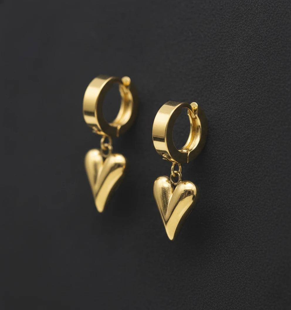 Golden Heart Drop Hoop Earrings