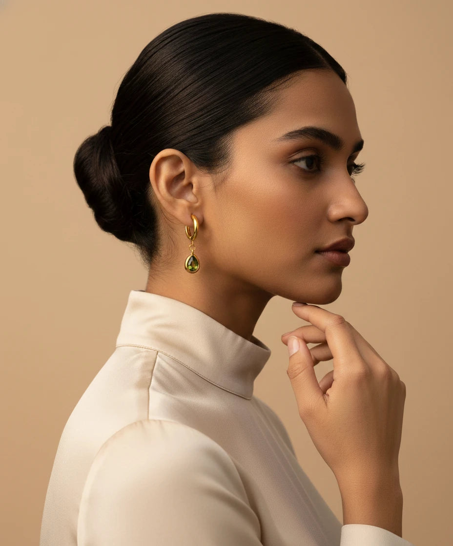 Emerald Drop Gold Hoop Earrings