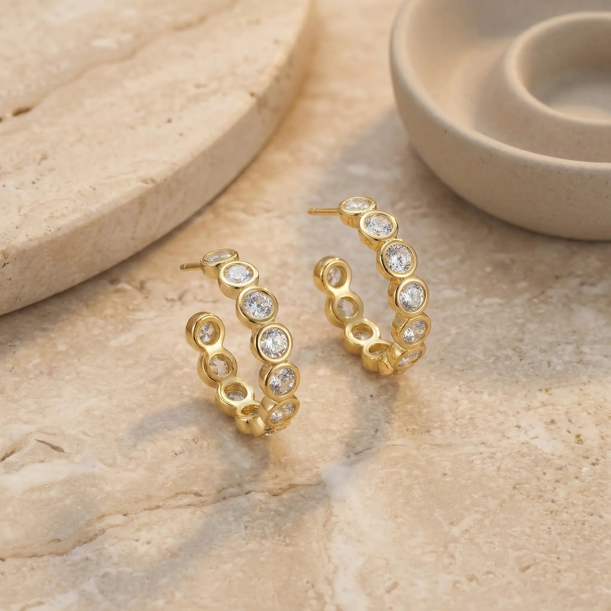 Gold Bezel Set Crystal Hoop Earrings