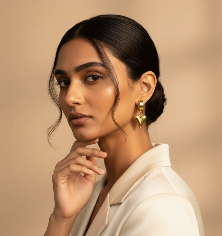 Golden Heart Drop Hoop Earrings